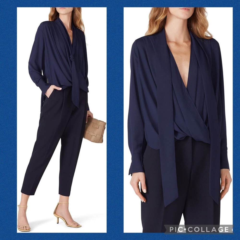 Derek Lam Collective Navy Tie Surplice Draped Crepe Blouse